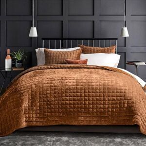 🆕 Rust Amber Velvet King Quilt Set Coverlet Luxury Bedding Comforter